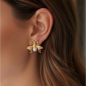 Gold Bee Earrings with Pearl Accents